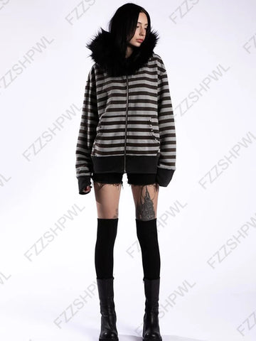 Goth Faux Fur Hood Striped Zip-Up Tshirt