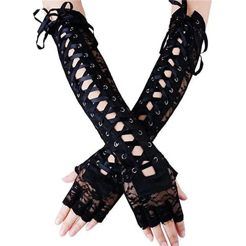 Goth Corset-Laced Elbow Ring Gloves in Black Lace