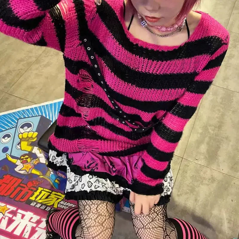 Goth Distressed Stripe Knit Sweater