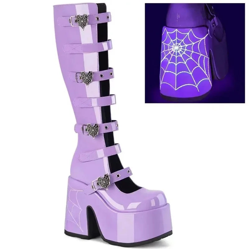 Goth Spiderweb Platform Knee Boot