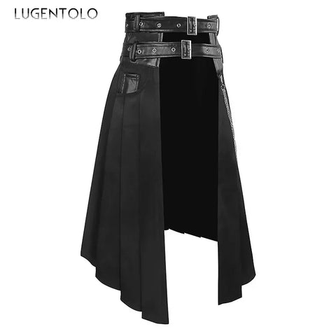 Goth Dual-Belt Asymmetric Chain Pleated Skirt
