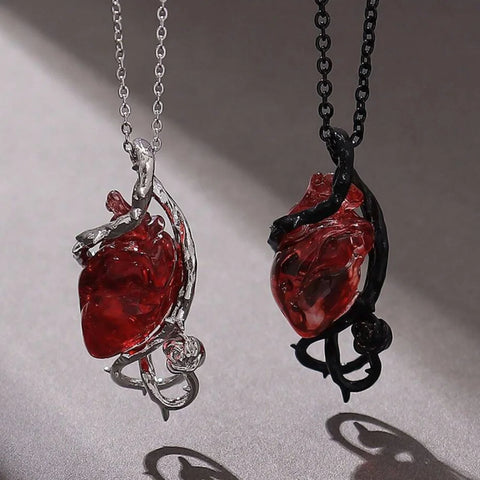 Goth Thorn-Wrapped Anatomical Heart Necklace