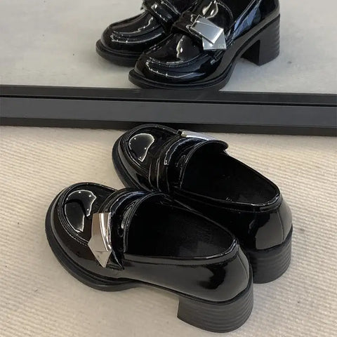 Pastel Goth Ivory Patent Block Heel Loafer Shoe