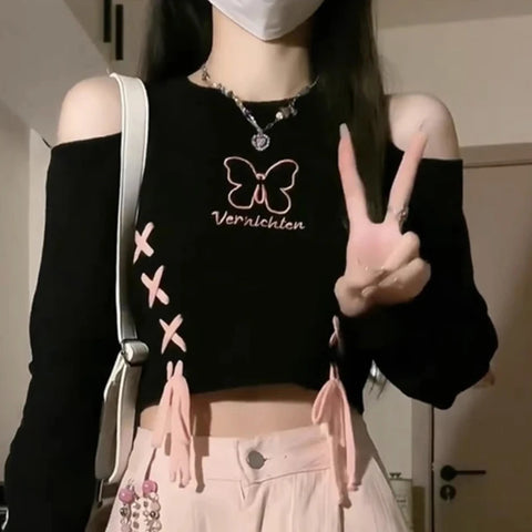 Pastel Goth Vernichten Butterfly Lace-Up Crop Sweater