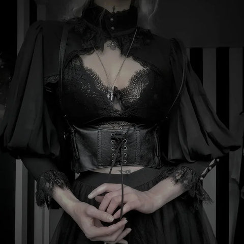 Victorian Goth Midnight Lace Lantern Sleeve Crop Top