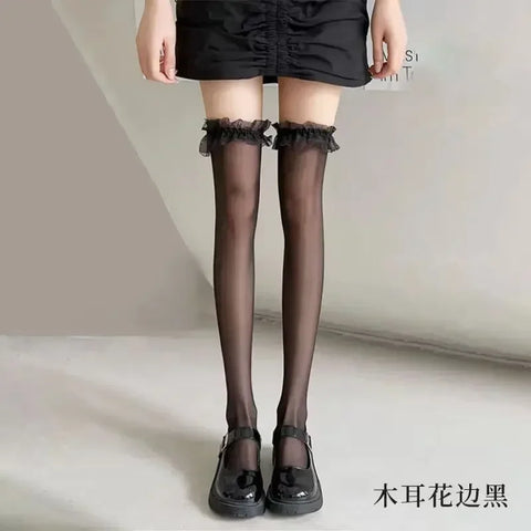 Goth Thigh-High Sheer Sock — Lace, Velvet Band & Crimson Edge