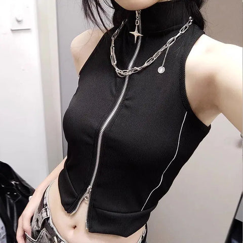 Cyber Goth Double-Zip Ribbed Crop Top