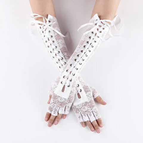 Goth Corset-Laced Elbow Ring Gloves in Black Lace