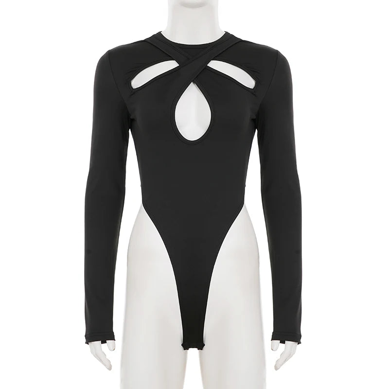 Cyber Goth Cross-Strap Cutout Bodysuit Top
