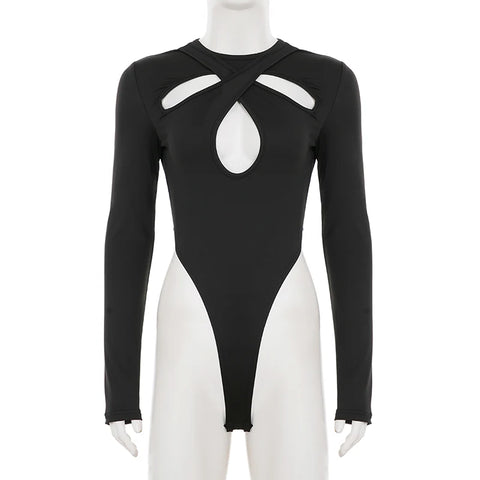 Cyber Goth Cross-Strap Cutout Bodysuit Top