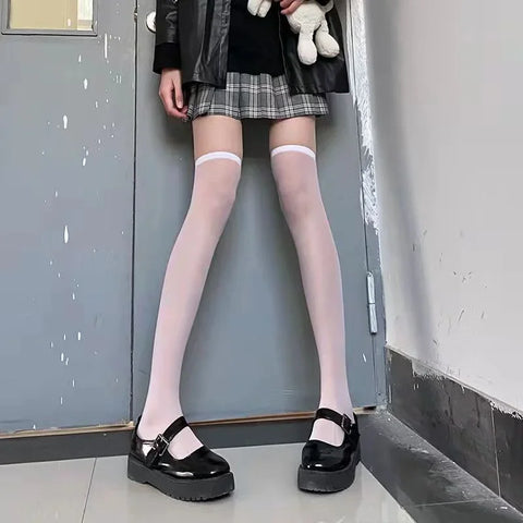 Goth Thigh-High Sheer Sock — Lace, Velvet Band & Crimson Edge