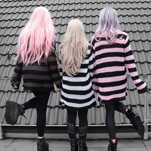 Goth Blue & Black Striped Hollow-Knit Top