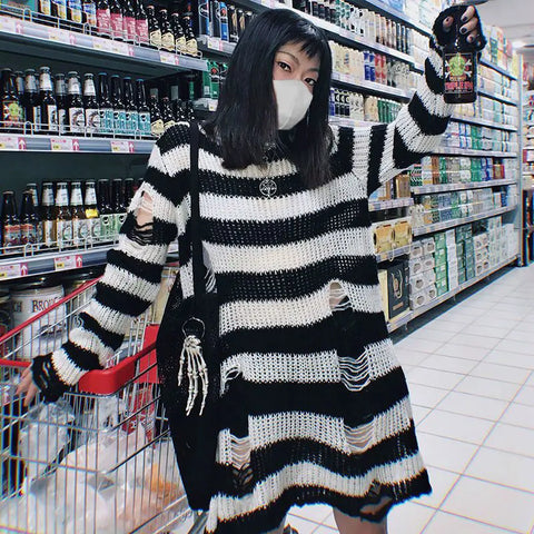 Goth Distressed Rainbow Stripe Oversized Sweater