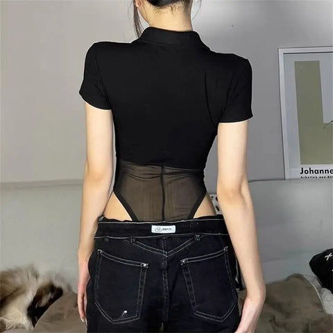 Goth Mesh Panel Zip Collar Bodysuit Top