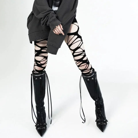 Goth Shredded Web Tights Sock — Black & White