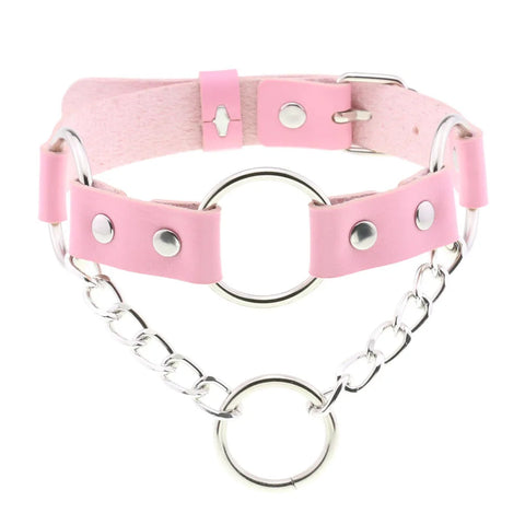 Pastel Goth Pink Leather O-Ring Choker Necklace Collection