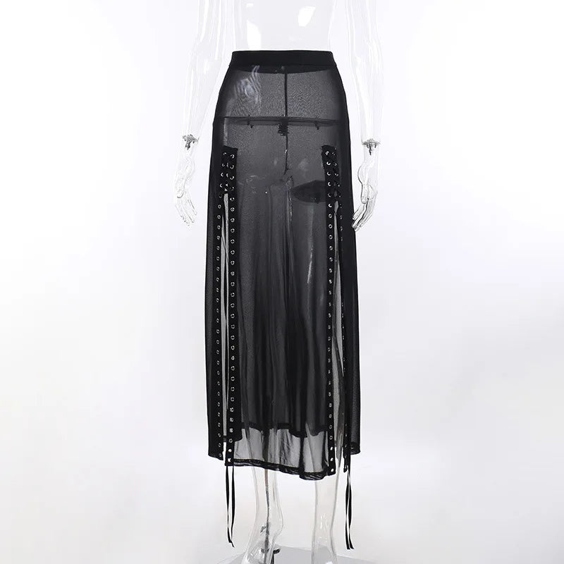 Goth Rivet Mesh Double-Split Maxi Skirt