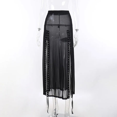 Goth Rivet Mesh Double-Split Maxi Skirt