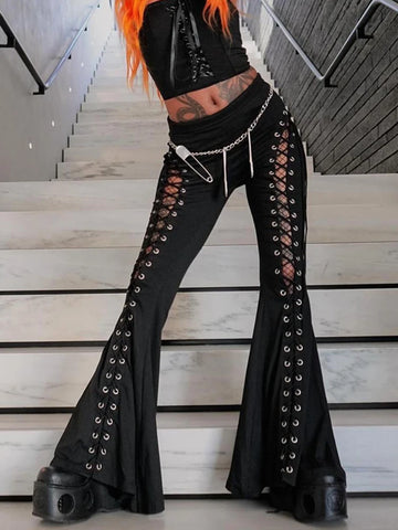Goth Lace-Up Corset Flare Pants in Blackout