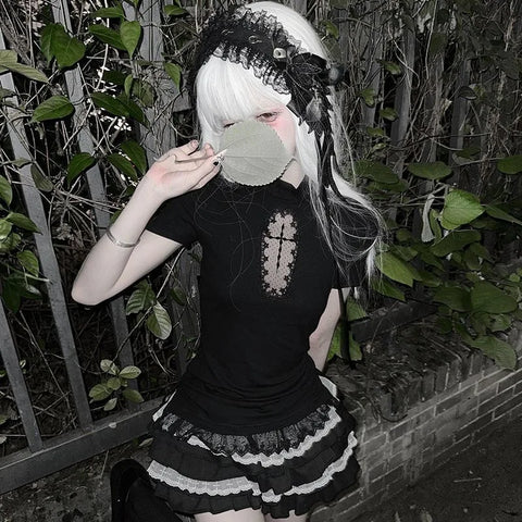 Nu Goth Sacred Window Lace Cutout T-Shirt
