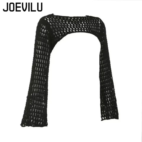 Goth Open-Weave Cropped Mesh Blouse with Flared Sleeves