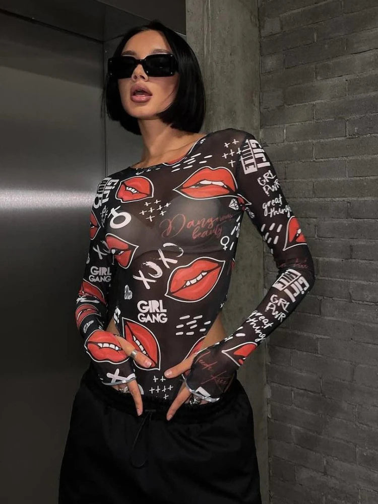 Goth Dangerous Beauty Mesh Print Top