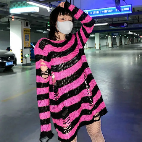 Goth Blue & Black Striped Hollow-Knit Top