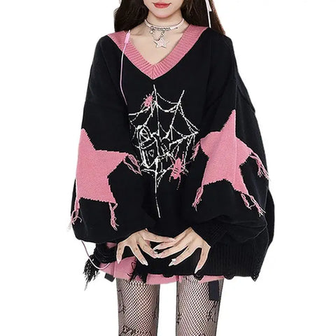 Pastel Goth Cobweb Star Distressed Knit Coat