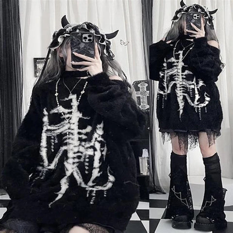 Goth Skeleton X-Ray Fuzzy Knit Top