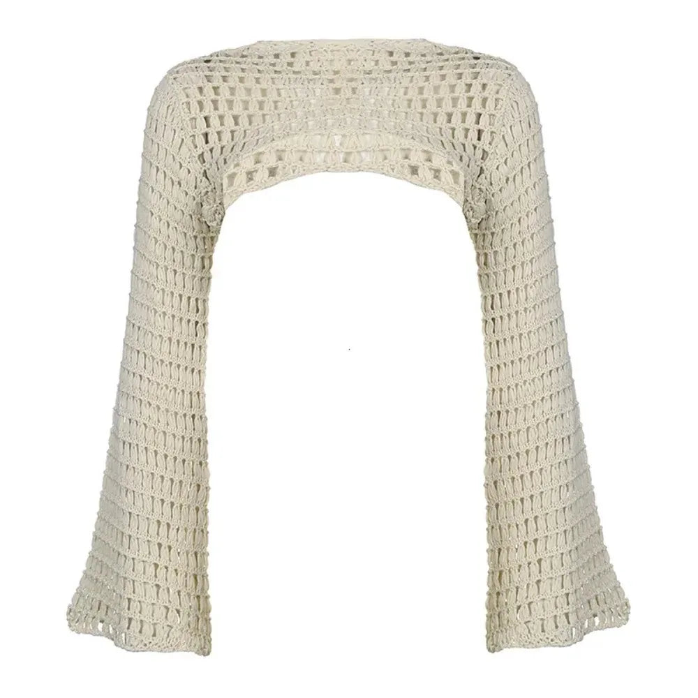 Goth Open-Weave Cropped Mesh Blouse with Flared Sleeves
