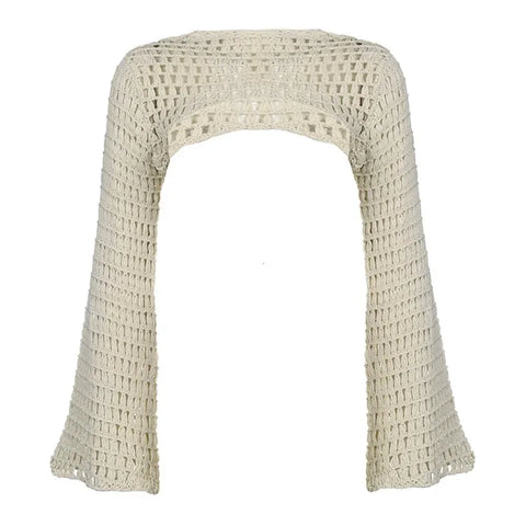 Goth Open-Weave Cropped Mesh Blouse with Flared Sleeves