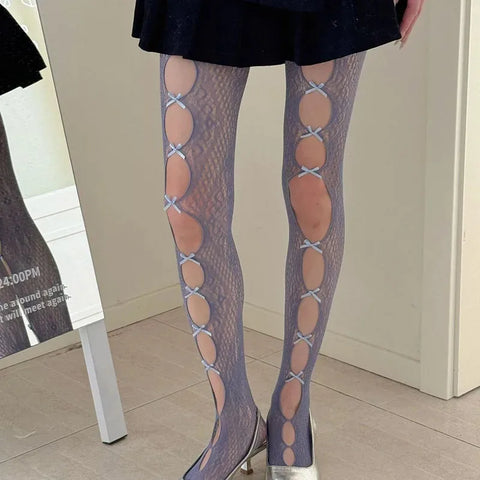 Victorian Goth Plum Lace Bow Thigh-High Sock