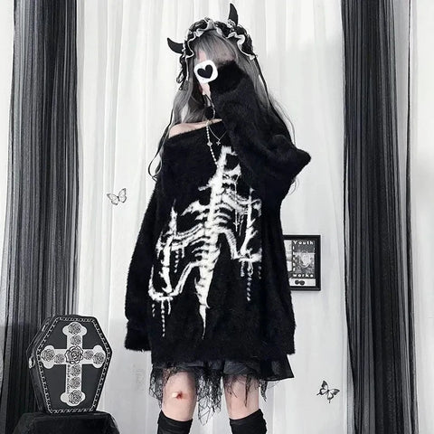 Goth Skeleton X-Ray Fuzzy Knit Top