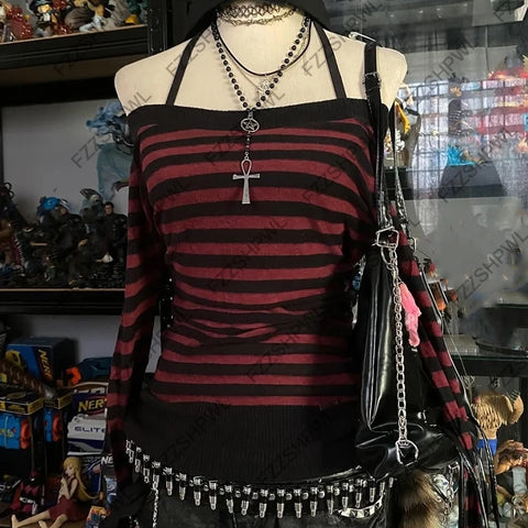 Goth Blood Stripe Off-Shoulder Knit Top