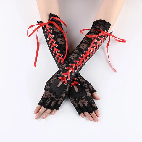 Goth Corset-Laced Elbow Ring Gloves in Black Lace