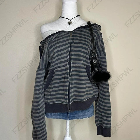 Goth Faux Fur Hood Striped Zip-Up Tshirt