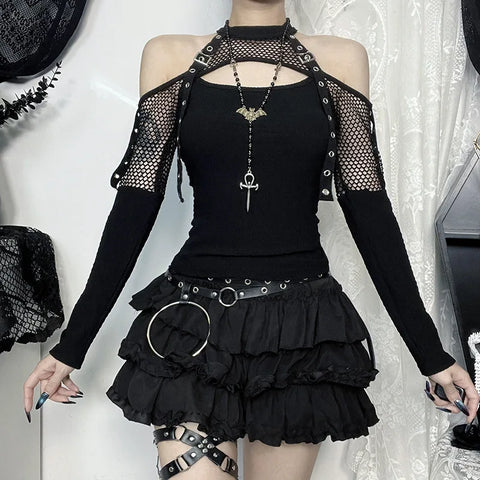 Goth Harness Cold Shoulder T-Shirt in Ribbed Mesh Black