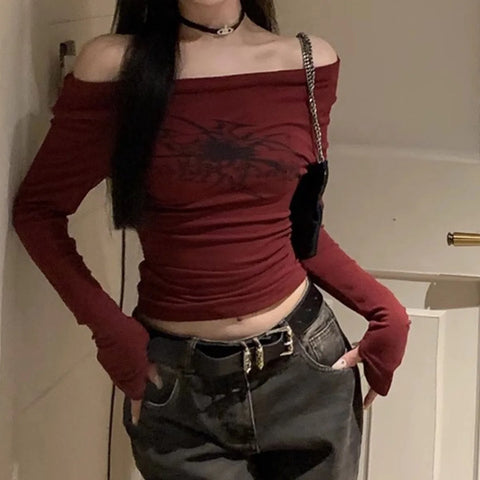 Mall Goth Tribal Spider Off-Shoulder T-Shirt