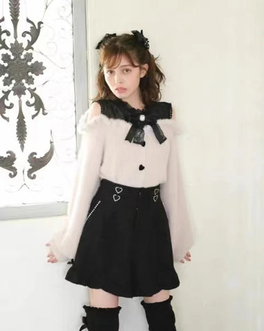 Pastel Goth Heartbreak Bloom Fuzzy Off-Shoulder Sweater