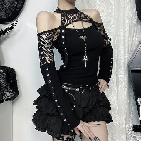 Goth Harness Cold Shoulder T-Shirt in Ribbed Mesh Black
