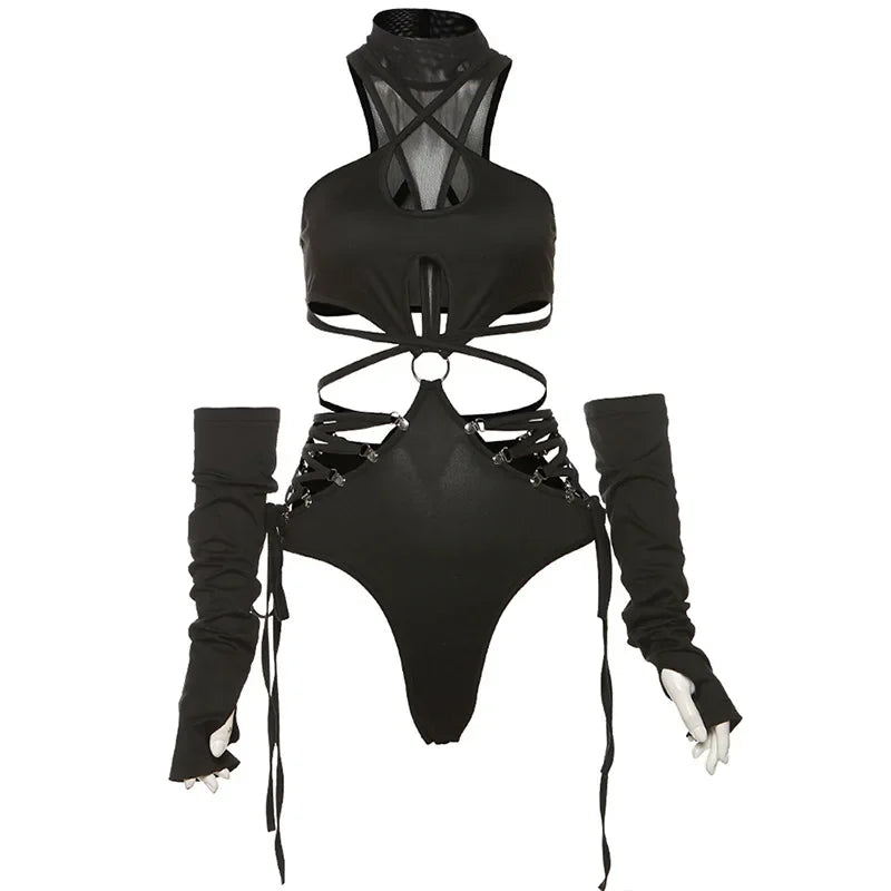 Cyber Goth Hollow Cage Halter Top with Arm Sleeves