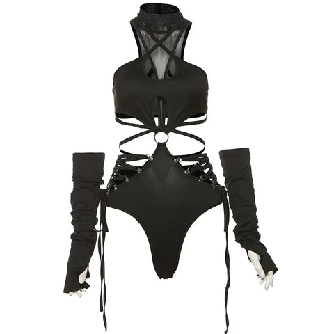 Cyber Goth Hollow Cage Halter Top with Arm Sleeves
