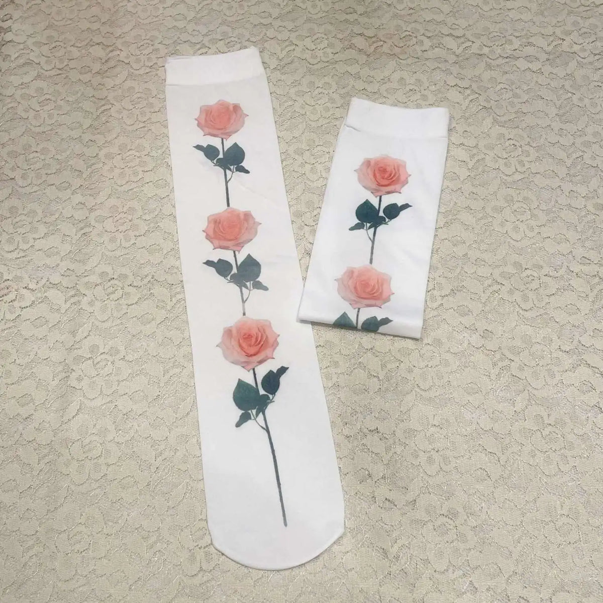 Pastel Goth Cats & Roses Sheer Printed Thigh-High Sock