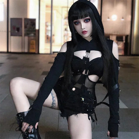 Cyber Goth Harness Cold Shoulder Crop Tshirt