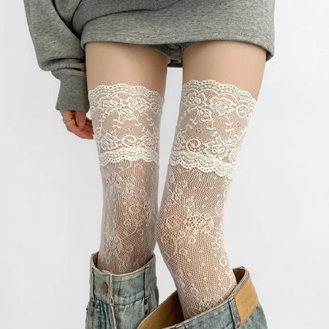 Goth Thigh-High Sheer Sock — Lace, Velvet Band & Crimson Edge