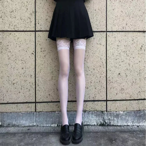 Goth Thigh-High Sheer Sock — Lace, Velvet Band & Crimson Edge