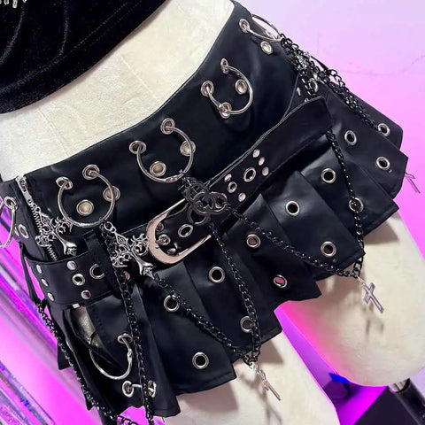 Cyber Goth Eyelet Storm Pleated Mini Skirt