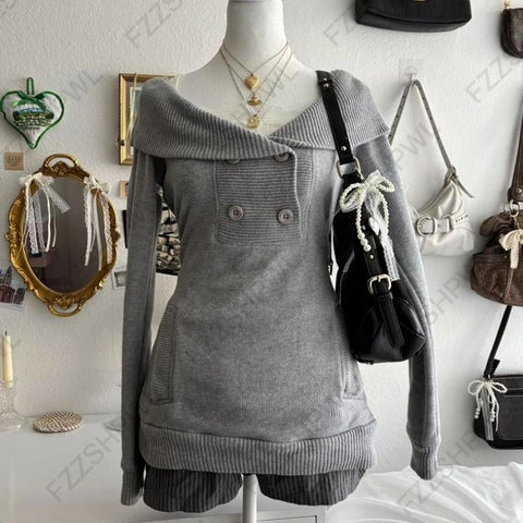 Goth Off-Shoulder Ribbed Knit Sweater in Midnight Black