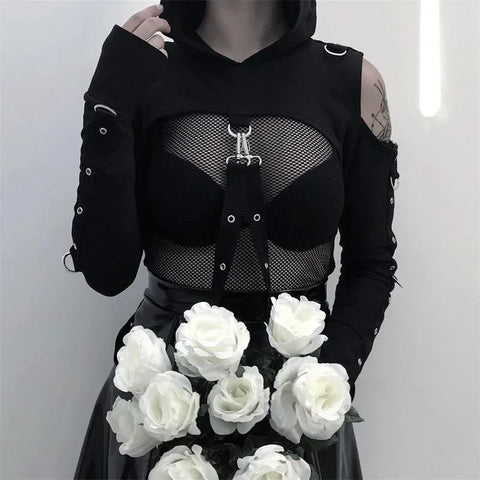 Cyber Goth Harness Cold Shoulder Crop Tshirt