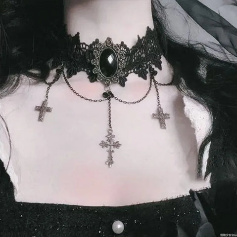 Victorian Goth Mourning Cascade Choker Necklace